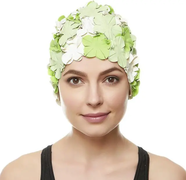 Alt view image 2 of 5 - Beemo Floral Petal Ladies Bathing Swim Cap - Green/White