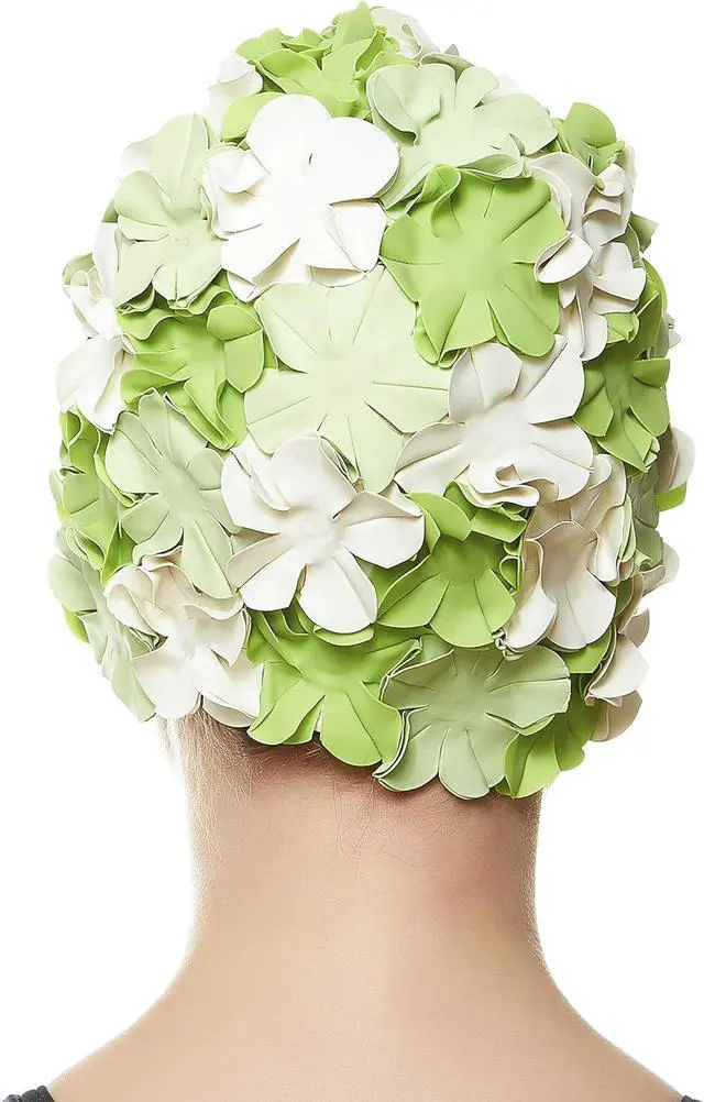 Alt view image 3 of 5 - Beemo Floral Petal Ladies Bathing Swim Cap - Green/White