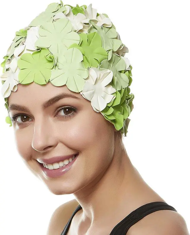 Alt view image 4 of 5 - Beemo Floral Petal Ladies Bathing Swim Cap - Green/White
