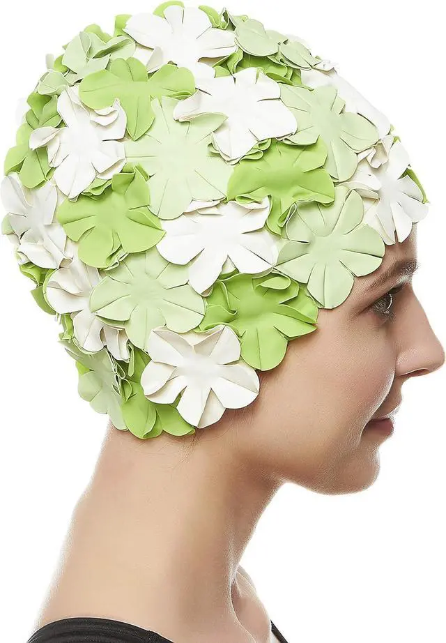 Alt view image 5 of 5 - Beemo Floral Petal Ladies Bathing Swim Cap - Green/White
