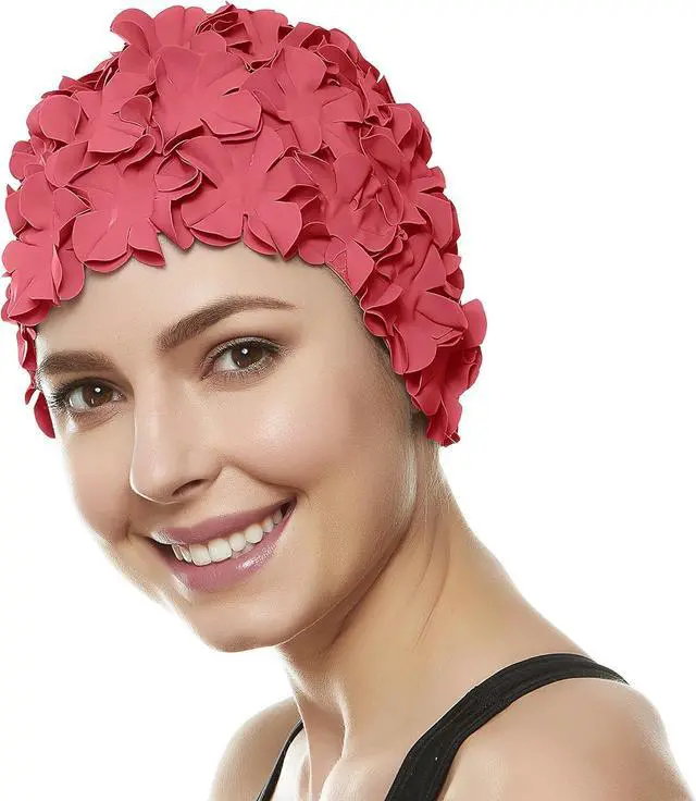Alt view image 3 of 3 - Beemo Floral Petal Ladies Bathing Swim Cap - Coral Pink