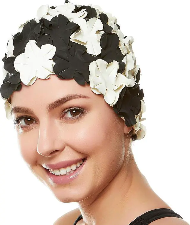 Main image of Beemo Floral Petal Ladies Bathing Swim Cap - Black/White