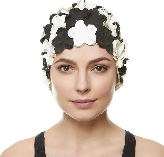 Alt view image 2 of 5 - Beemo Floral Petal Ladies Bathing Swim Cap - Black/White