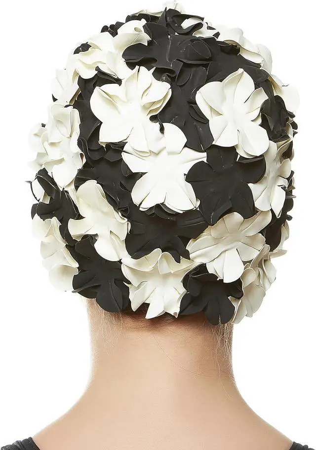 Alt view image 3 of 5 - Beemo Floral Petal Ladies Bathing Swim Cap - Black/White