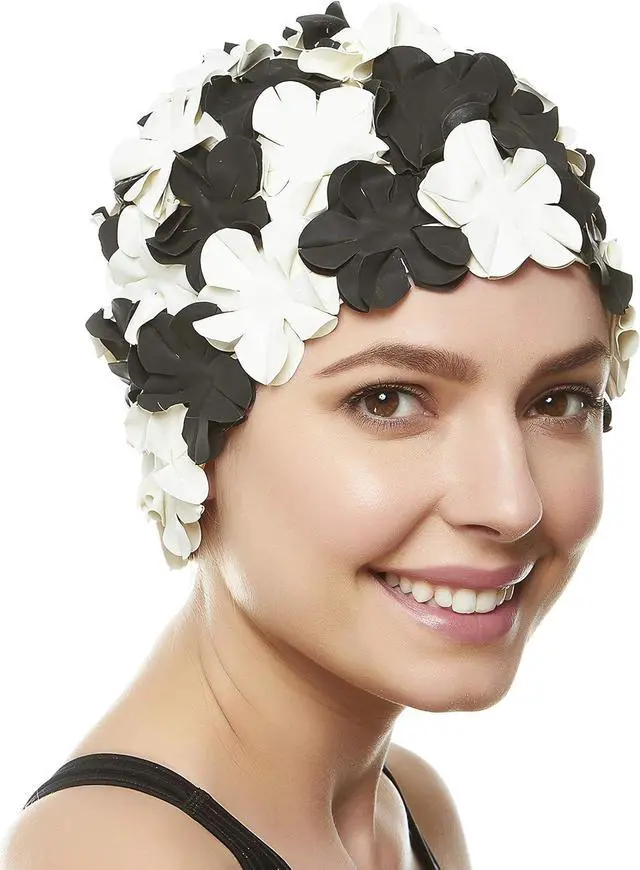 Alt view image 4 of 5 - Beemo Floral Petal Ladies Bathing Swim Cap - Black/White