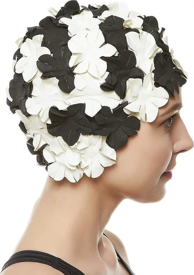 Alt view image 5 of 5 - Beemo Floral Petal Ladies Bathing Swim Cap - Black/White
