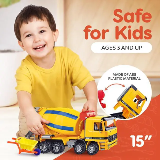 Alt view image 5 of 7 - BEEMO Cement Mixer Toy Truck for Kids 15" Push and Go Sand Construction Vehicle for Toddlers Boys & Girls Realistic Play Mixer Birthday Party Gift