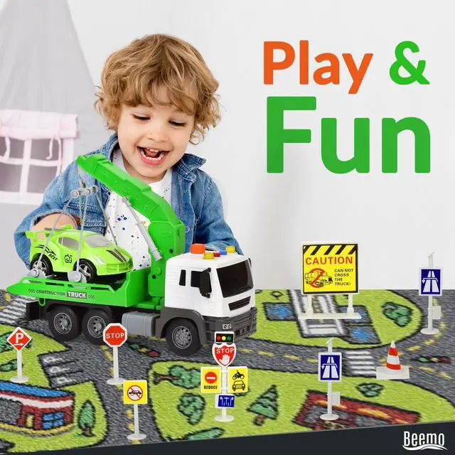 Alt view image 2 of 6 - BeemoTow Truck Toys for 3 Year Old Boys, Toy Trucks Outside Play Equipment for Kids, Indoor and Outdoor Toys with Claw Machine, Control Shovel Handle, Rubber Tire Tracks