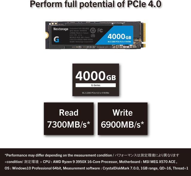 Nextorage Japan 4TB NVMe M.2 2280 PCIe Gen.4 Internal SSD Read Speed up to  7300MB/s Write Speed Up to 6900 MB/s (New G-Series). Read Speed up to