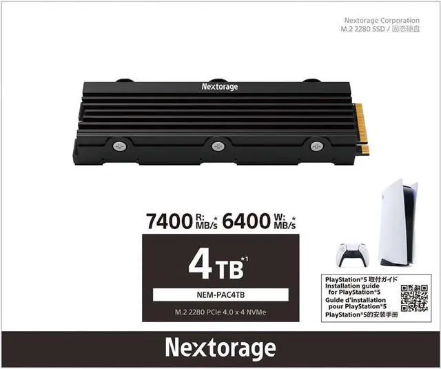 Alt view image 2 of 7 - Nextorage Japan 4TB NEM-PAC PlayStation 5 SSD, M.2 NVMe with Heatsink, Up to 7400MB/s, comaptible with PlayStation 5 Consoles, PCIe Gen4 Internal Solid State Drive, NEM-PAC4TB/N SYM