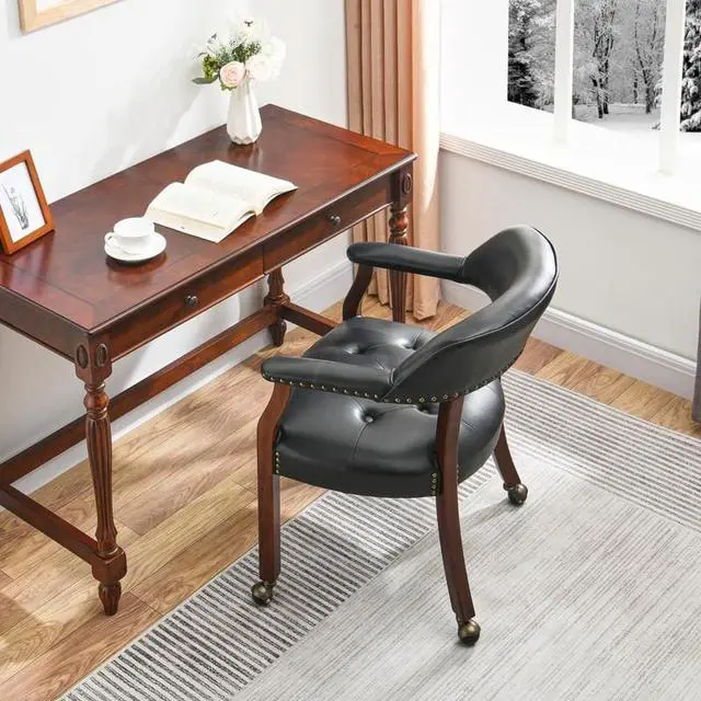Alt view image 3 of 7 - ASARUDA Office Desk Chairs with Wheels and Solid Wood Legs, Classic Swivel Accent Chairs Upholstered with Breathing Leather