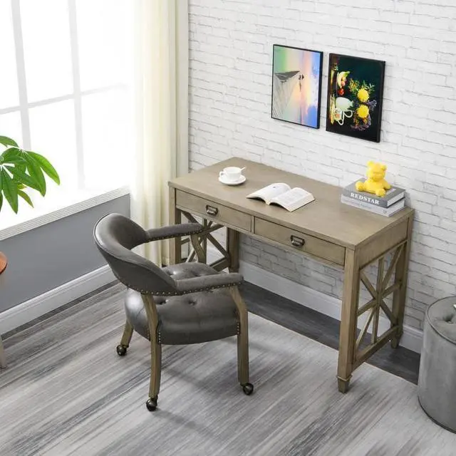 Alt view image 2 of 7 - ASARUDA Office Desk Chairs with Wheels and Solid Wood Legs, Classic Swivel Accent Chairs Upholstered with Breathing Leather