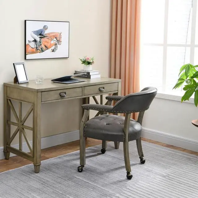Alt view image 3 of 7 - ASARUDA Office Desk Chairs with Wheels and Solid Wood Legs, Classic Swivel Accent Chairs Upholstered with Breathing Leather