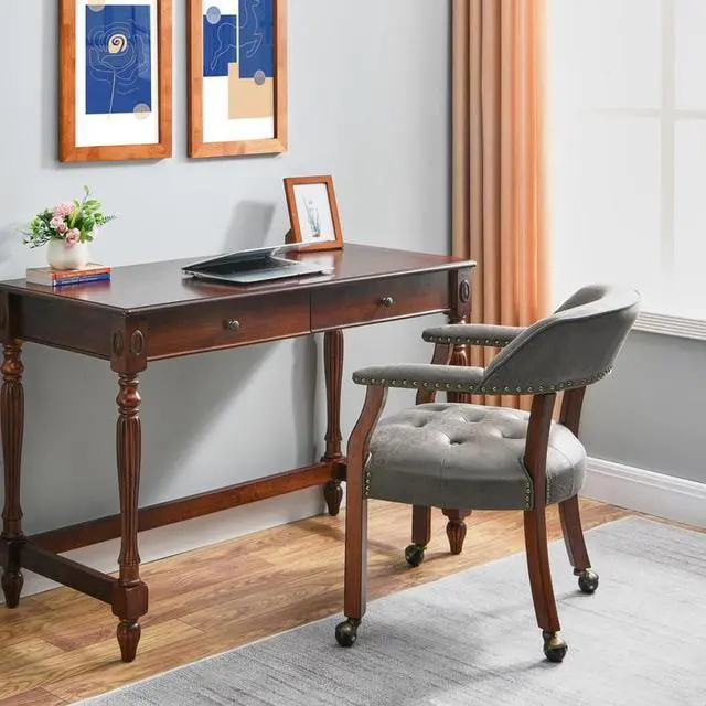 Alt view image 3 of 7 - ASARUDA Office Desk Chairs with Wheels and Solid Wood Legs, Classic Swivel Accent Chairs Upholstered with Breathing Leather