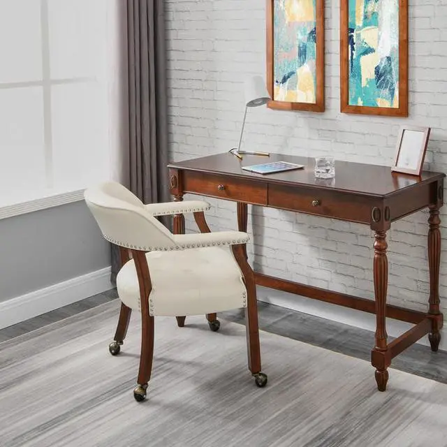 Alt view image 3 of 7 - ASARUDA Office Desk Chairs with Wheels and Solid Wood Legs, Classic Swivel Accent Chairs Upholstered with Breathing Leather