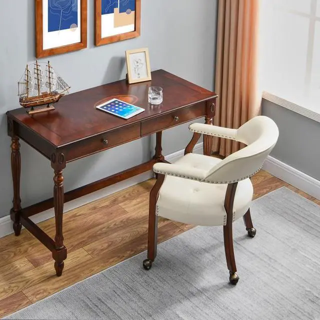 Alt view image 2 of 7 - ASARUDA Office Desk Chairs with Wheels and Solid Wood Legs, Classic Swivel Accent Chairs Upholstered with Breathing Leather