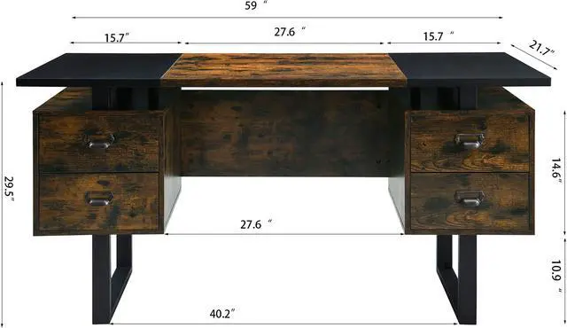 Alt view image 7 of 7 - ASARUDA Computer Desk for Home Office with 4 Large Drawers, Rustic Wood Writing Study Table Metal Frame, 59 x 21.7 29.5