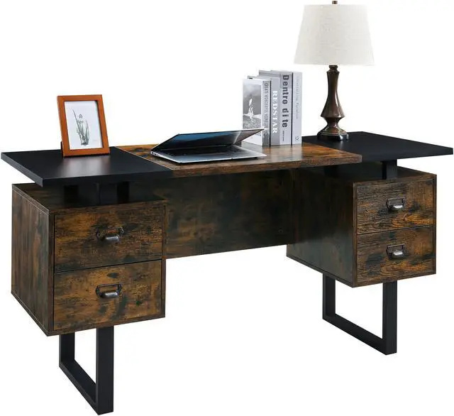 Alt view image 5 of 7 - ASARUDA Computer Desk for Home Office with 4 Large Drawers, Rustic Wood Writing Study Table Metal Frame, 59 x 21.7 29.5