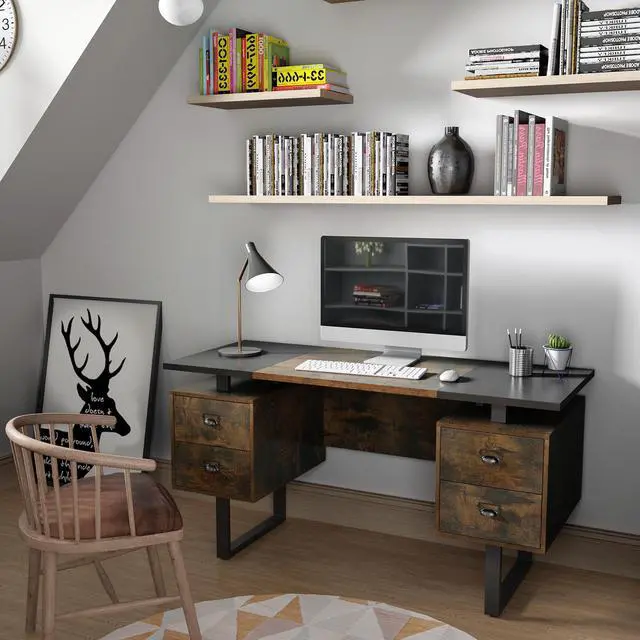 Alt view image 2 of 7 - ASARUDA Computer Desk for Home Office with 4 Large Drawers, Rustic Wood Writing Study Table Metal Frame, 59 x 21.7 29.5
