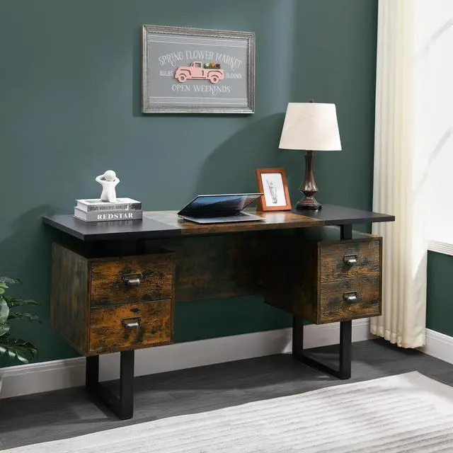 Alt view image 3 of 7 - ASARUDA Computer Desk for Home Office with 4 Large Drawers, Rustic Wood Writing Study Table Metal Frame, 59 x 21.7 29.5