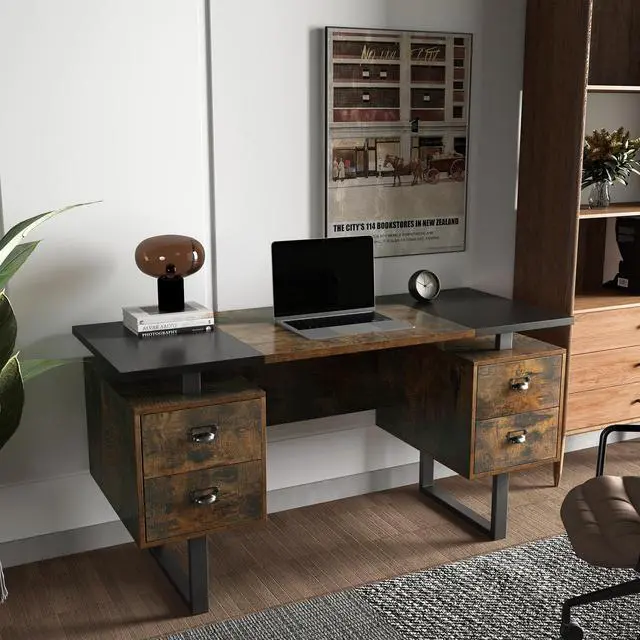 Main image of ASARUDA Computer Desk for Home Office with 4 Large Drawers, Rustic Wood Writing Study Table Metal Frame, 59 x 21.7 29.5