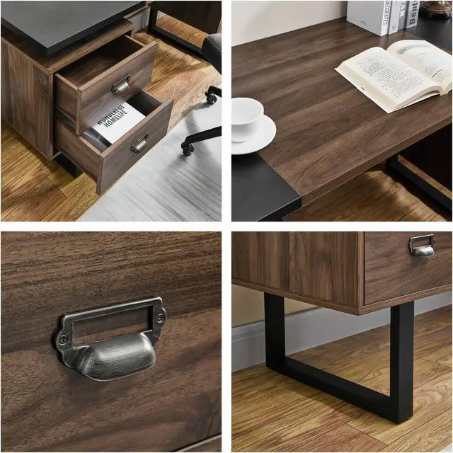 Alt view image 6 of 7 - ASARUDA Computer Desk for Home Office with 4 Large Drawers, Rustic Wood Writing Study Table Metal Frame, 59 x 21.7 29.5