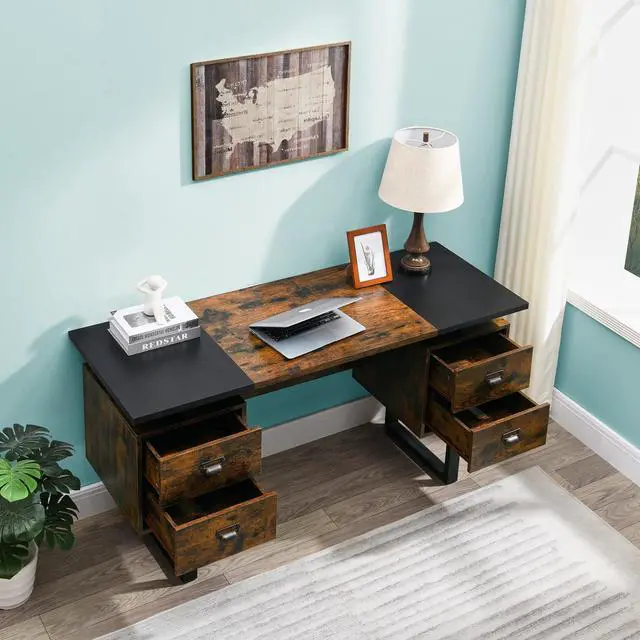 Alt view image 4 of 7 - ASARUDA Computer Desk for Home Office with 4 Large Drawers, Rustic Wood Writing Study Table Metal Frame, 59 x 21.7 29.5