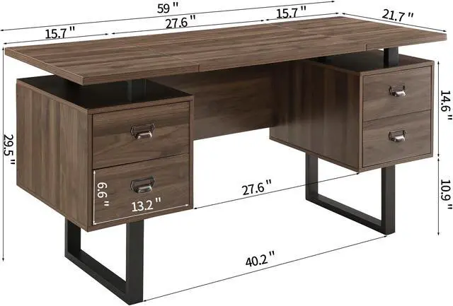 Main image of Computer Desk for Home Office with 4 Large Drawers, Rustic Wood Writing Study Table Metal Frame, 59 x 21.7 29.5, Color Block Desktop,Easy Assembly Walnut