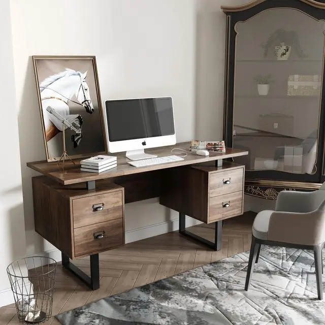 Alt view image 2 of 7 - Computer Desk for Home Office with 4 Large Drawers, Rustic Wood Writing Study Table Metal Frame, 59 x 21.7 29.5, Color Block Desktop,Easy Assembly Walnut