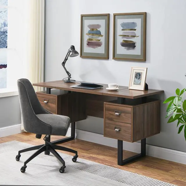 Alt view image 3 of 7 - Computer Desk for Home Office with 4 Large Drawers, Rustic Wood Writing Study Table Metal Frame, 59 x 21.7 29.5, Color Block Desktop,Easy Assembly Walnut