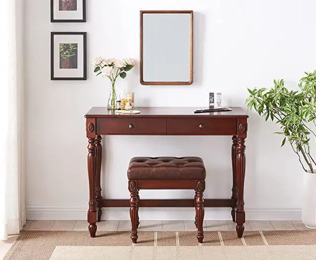 Alt view image 2 of 4 - ASARUDA Vanity Bench Stool with Padded Cushion, Piano Bench with Solid Wood Carving Legs, Home Chairs Button Breathing Leather Upholstered Seat, 18.5 x 14.2 x 19.1 Easy Assembly