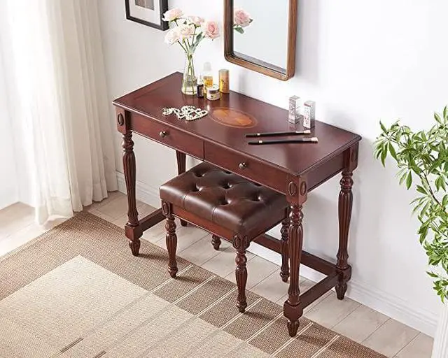 Alt view image 3 of 4 - ASARUDA Vanity Bench Stool with Padded Cushion, Piano Bench with Solid Wood Carving Legs, Home Chairs Button Breathing Leather Upholstered Seat, 18.5 x 14.2 x 19.1 Easy Assembly