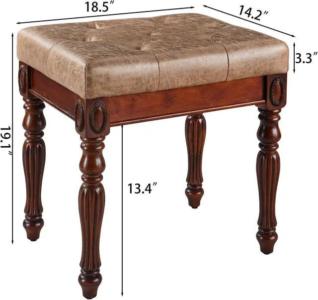 Alt view image 2 of 7 - ASARUDA Vanity Bench Stool with Padded Cushion, Piano Bench with Solid Wood Carving Legs, Home Chairs Button Breathing Leather Upholstered Seat, 18.5 x 14.2 x 19.1 Easy Assembly Light brown