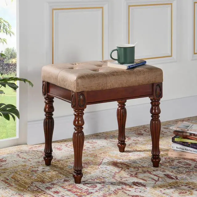 Alt view image 5 of 7 - ASARUDA Vanity Bench Stool with Padded Cushion, Piano Bench with Solid Wood Carving Legs, Home Chairs Button Breathing Leather Upholstered Seat, 18.5 x 14.2 x 19.1 Easy Assembly Light brown