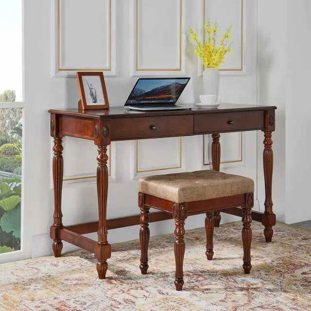 Alt view image 3 of 7 - ASARUDA Vanity Bench Stool with Padded Cushion, Piano Bench with Solid Wood Carving Legs, Home Chairs Button Breathing Leather Upholstered Seat, 18.5 x 14.2 x 19.1 Easy Assembly Light brown