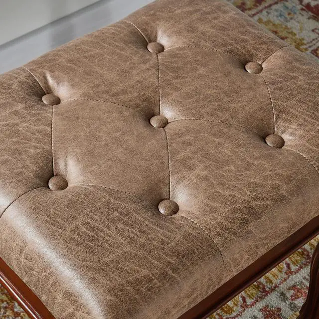 Alt view image 6 of 7 - ASARUDA Vanity Bench Stool with Padded Cushion, Piano Bench with Solid Wood Carving Legs, Home Chairs Button Breathing Leather Upholstered Seat, 18.5 x 14.2 x 19.1 Easy Assembly Light brown