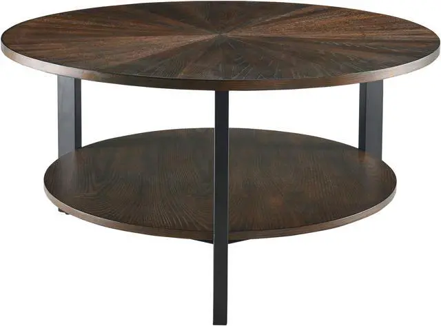 Alt view image 6 of 7 - ASARUDA Round Coffee Table with Storage Shelf, Farmhouse Living Room Cocktail Table with Black Metal Legs, Circular Solid Wood Center Tea/ Sofa Table, 33.5''Dx17.9''H Dark Brown
