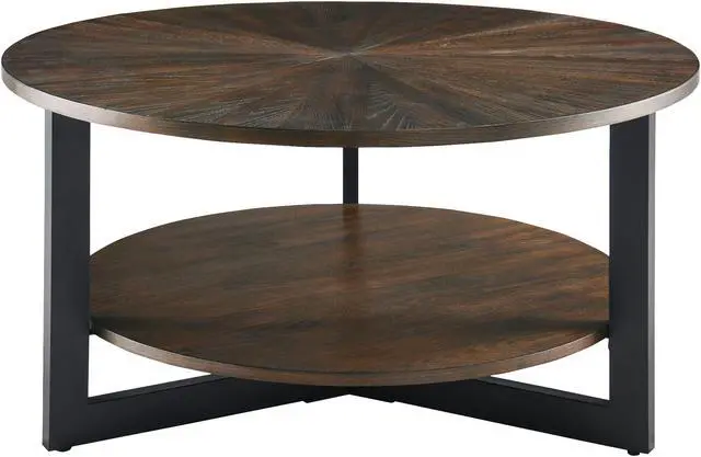 Alt view image 4 of 7 - ASARUDA Round Coffee Table with Storage Shelf, Farmhouse Living Room Cocktail Table with Black Metal Legs, Circular Solid Wood Center Tea/ Sofa Table, 33.5''Dx17.9''H Dark Brown