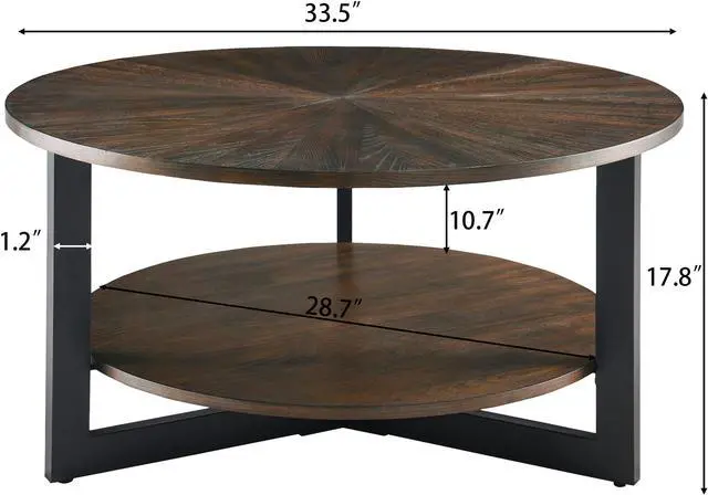 Alt view image 5 of 7 - ASARUDA Round Coffee Table with Storage Shelf, Farmhouse Living Room Cocktail Table with Black Metal Legs, Circular Solid Wood Center Tea/ Sofa Table, 33.5''Dx17.9''H Dark Brown