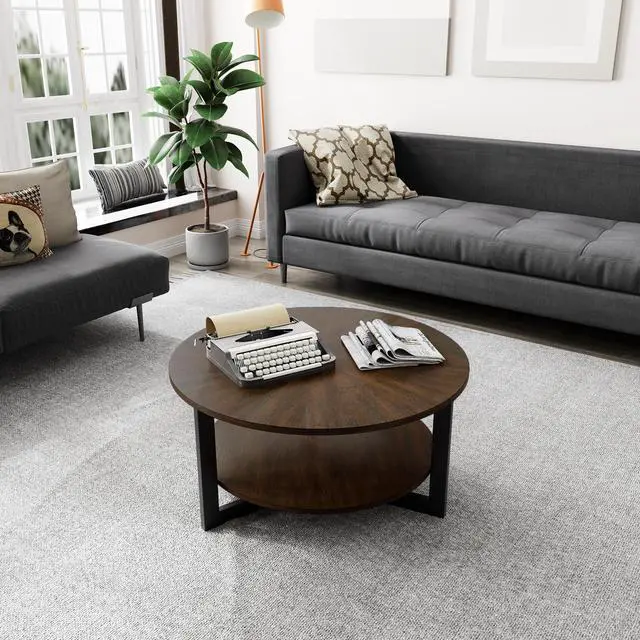 Alt view image 3 of 7 - ASARUDA Round Coffee Table with Storage Shelf, Farmhouse Living Room Cocktail Table with Black Metal Legs, Circular Solid Wood Center Tea/ Sofa Table, 33.5''Dx17.9''H Dark Brown