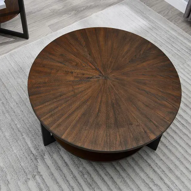Alt view image 7 of 7 - ASARUDA Round Coffee Table with Storage Shelf, Farmhouse Living Room Cocktail Table with Black Metal Legs, Circular Solid Wood Center Tea/ Sofa Table, 33.5''Dx17.9''H Dark Brown
