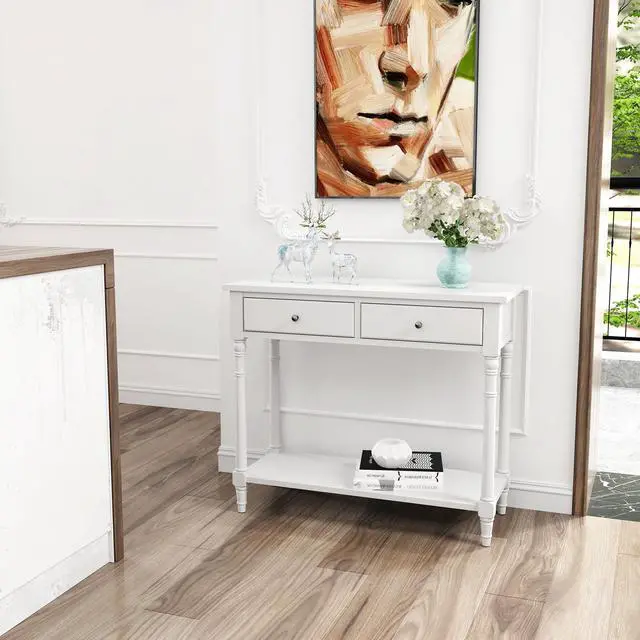 Alt view image 2 of 7 - ASARUDA Solid Wood Console Entry Table with 2 Drawers, Accent Sofa Table with Storage Shelf, Narrow Entryway Hall Table for Living Room Office Easy Assembly 35.54" L x 30" H x 13.78" W White