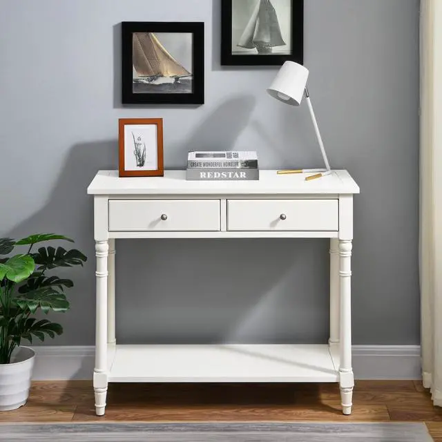 Main image of ASARUDA Solid Wood Console Entry Table with 2 Drawers, Accent Sofa Table with Storage Shelf, Narrow Entryway Hall Table for Living Room Office Easy Assembly 35.54" L x 30" H x 13.78" W White