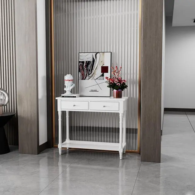 Alt view image 3 of 7 - ASARUDA Solid Wood Console Entry Table with 2 Drawers, Accent Sofa Table with Storage Shelf, Narrow Entryway Hall Table for Living Room Office Easy Assembly 35.54" L x 30" H x 13.78" W White
