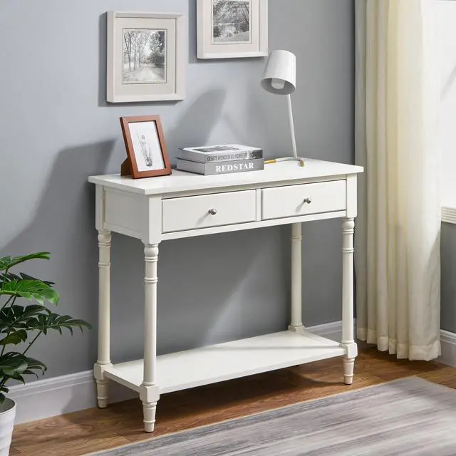 Alt view image 4 of 7 - ASARUDA Solid Wood Console Entry Table with 2 Drawers, Accent Sofa Table with Storage Shelf, Narrow Entryway Hall Table for Living Room Office Easy Assembly 35.54" L x 30" H x 13.78" W White