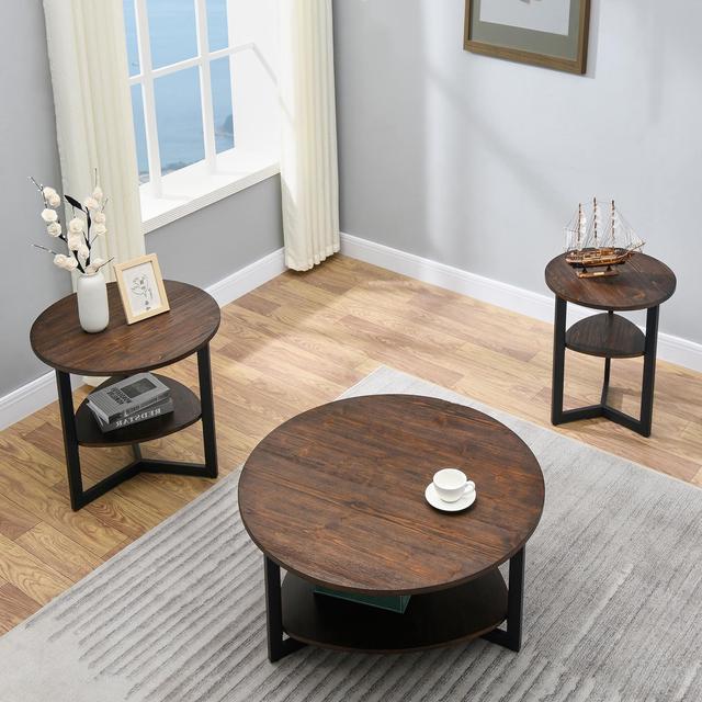 35.3 Round Coffee Table with 2-Tier Storage, Farmhouse Living