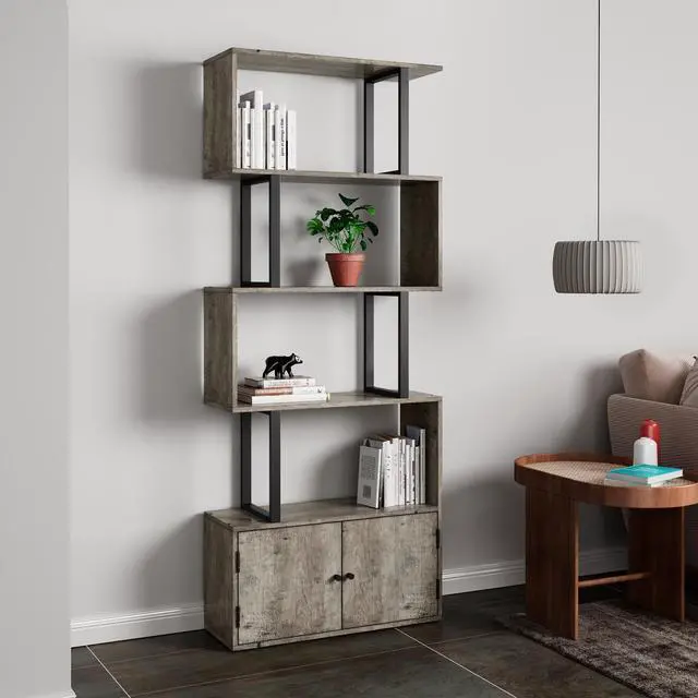 Main image of 4-tire Bookshelf with Large Drawer, S-Design Corner Bookcase, Storage Rack, Display Shelf, Plant Standing Shelf, Easy Assembly, for Living Room, Bedroom, Office, Blank Wall