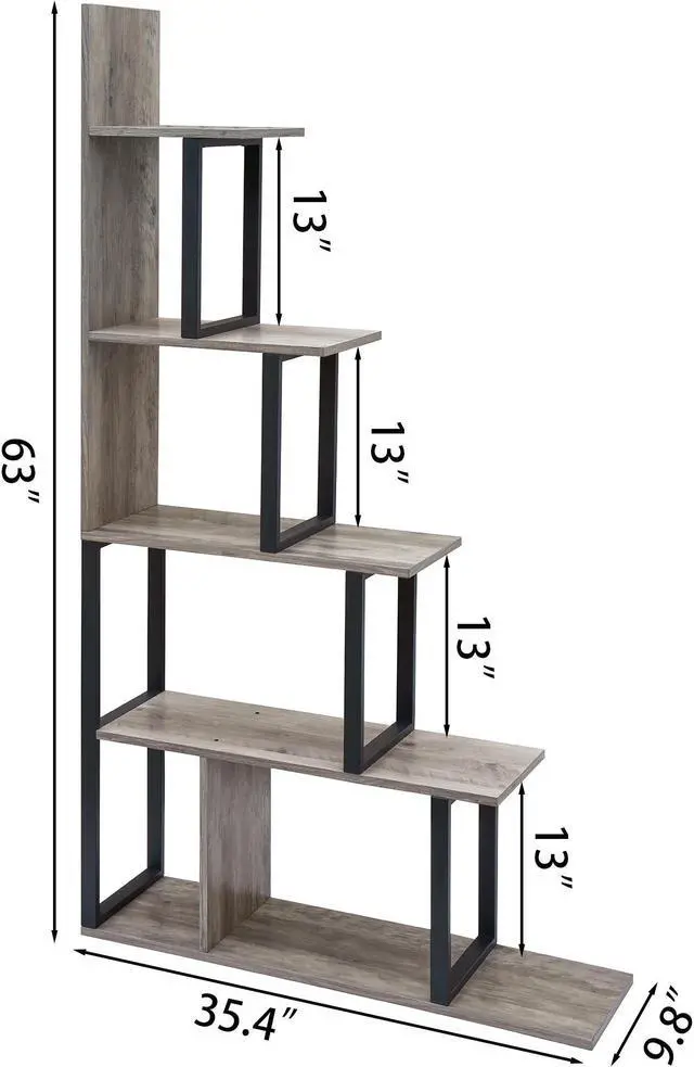 Alt view image 6 of 6 - 5-tire Bookshelf and Corner Bookcase, Ladder Storage Rack, Display Shelf, Industrial Plant Standing Shelf,Wooden Easy Assembly, for Living Room, Bedroom, Office, Blank Wall