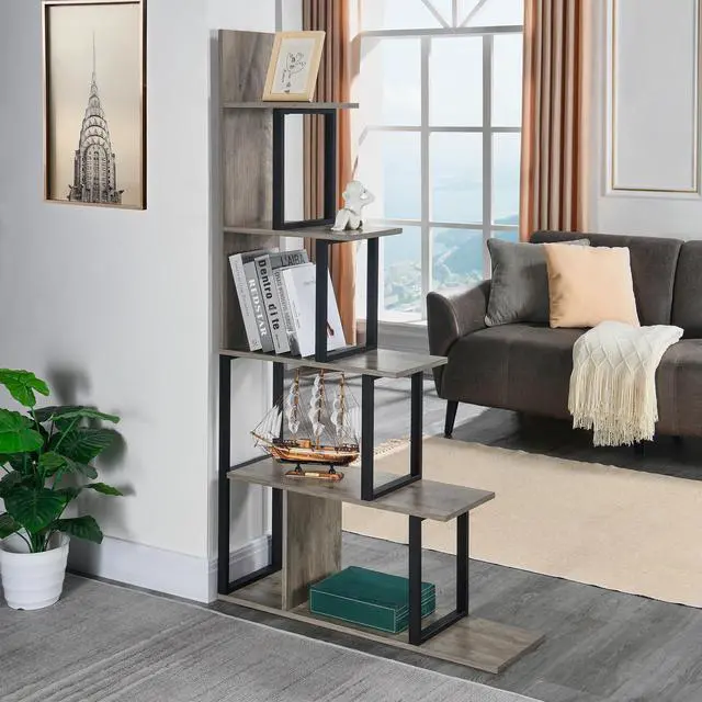 Alt view image 2 of 6 - 5-tire Bookshelf and Corner Bookcase, Ladder Storage Rack, Display Shelf, Industrial Plant Standing Shelf,Wooden Easy Assembly, for Living Room, Bedroom, Office, Blank Wall