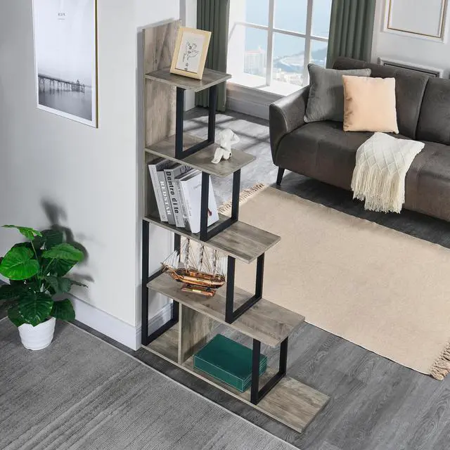 Alt view image 3 of 6 - 5-tire Bookshelf and Corner Bookcase, Ladder Storage Rack, Display Shelf, Industrial Plant Standing Shelf,Wooden Easy Assembly, for Living Room, Bedroom, Office, Blank Wall